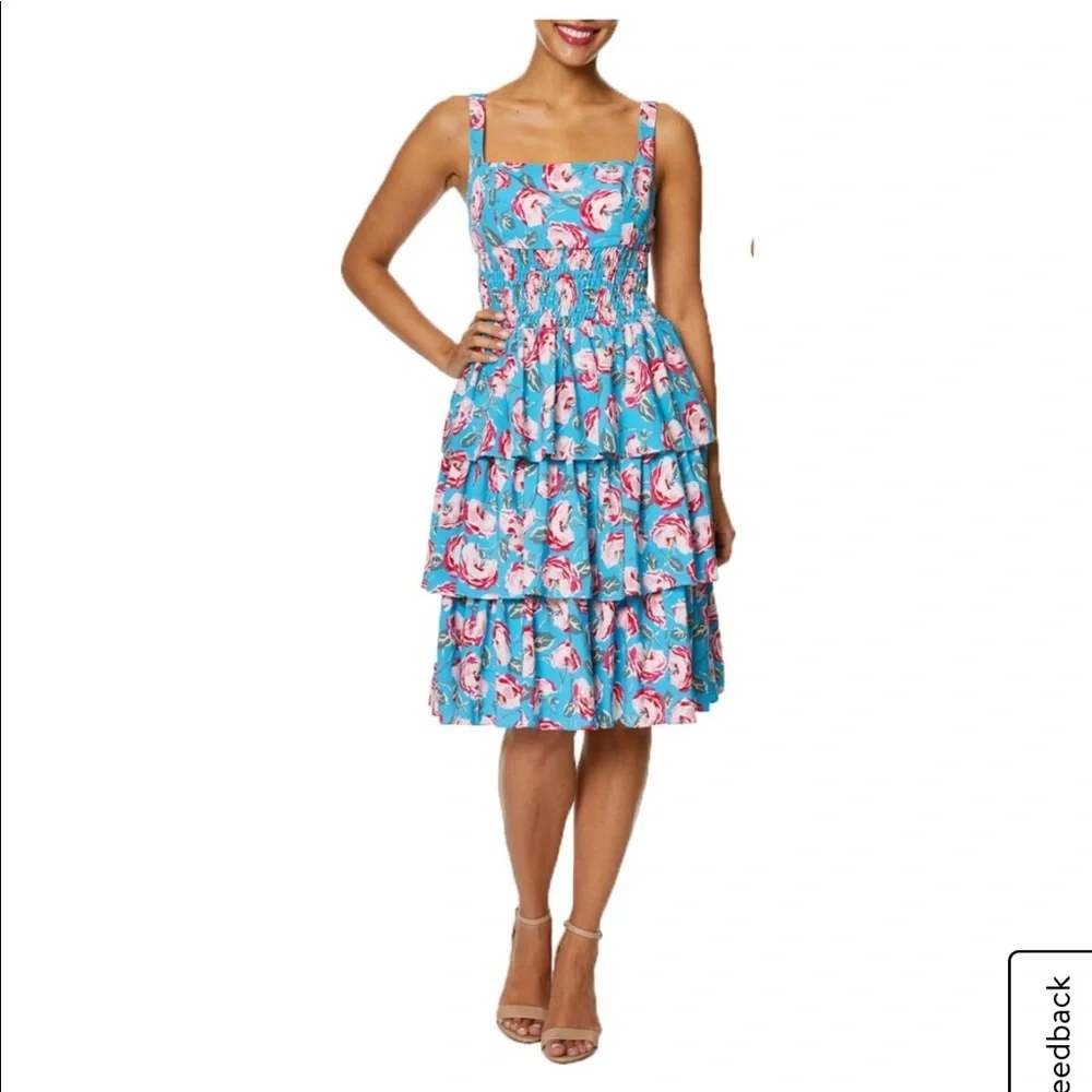 Vtg Y2K Betsey Johnson 2 Blue Pink Floral Tiered Ruffle Smocked Midi Dress Retro